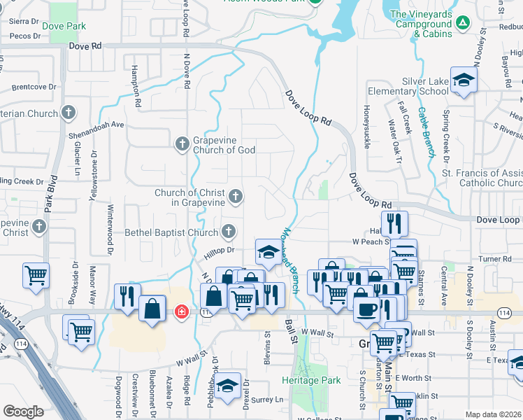 map of restaurants, bars, coffee shops, grocery stores, and more near 817 Meadowbend Loop South in Grapevine