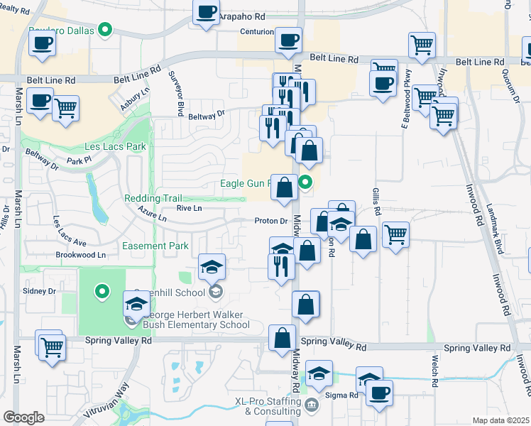 map of restaurants, bars, coffee shops, grocery stores, and more near 4165 Proton Drive in Addison