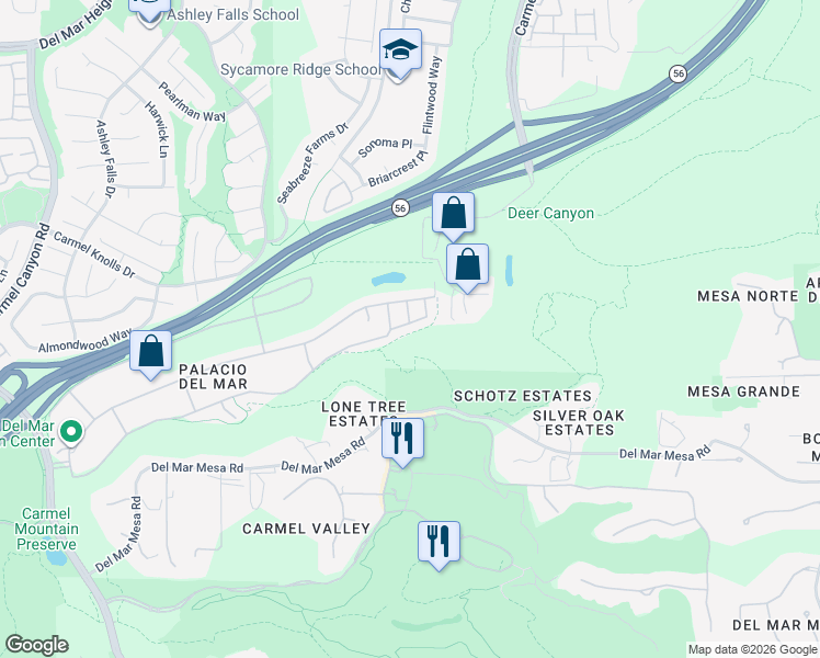 map of restaurants, bars, coffee shops, grocery stores, and more near 5525 Caminito Mundano in San Diego