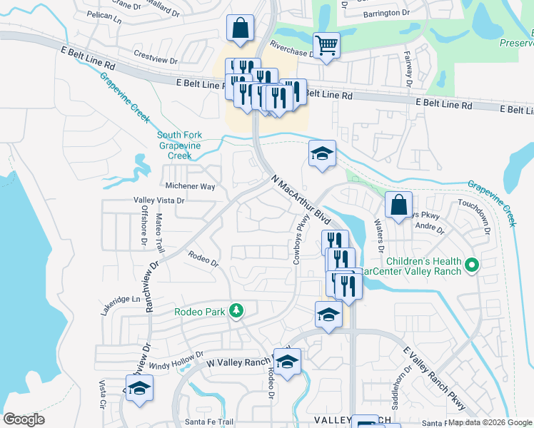 map of restaurants, bars, coffee shops, grocery stores, and more near 10583 North MacArthur Boulevard in Irving