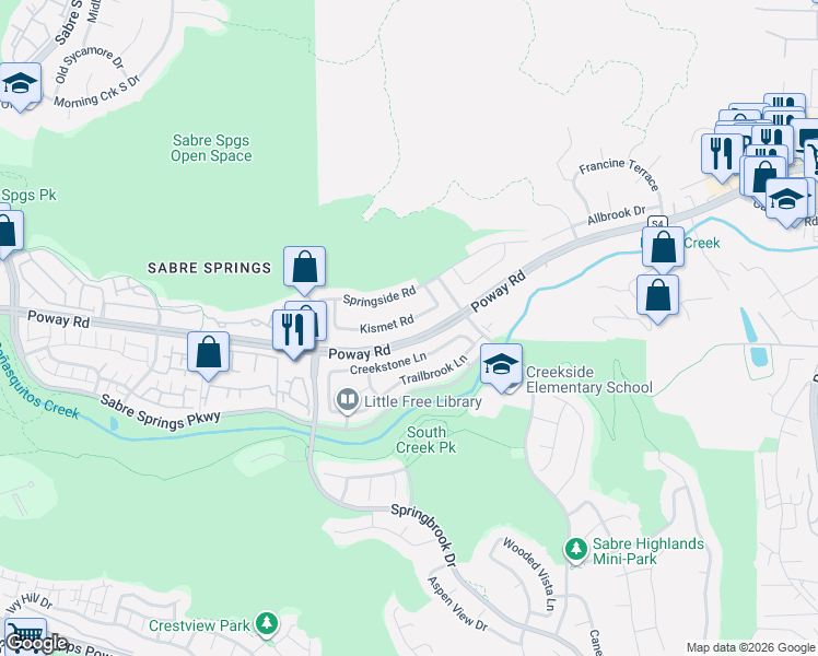 map of restaurants, bars, coffee shops, grocery stores, and more near 11715 Kismet Road in San Diego