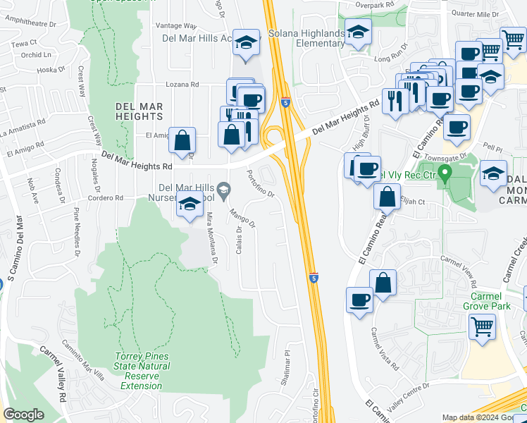 map of restaurants, bars, coffee shops, grocery stores, and more near 13577 Mango Drive in Del Mar