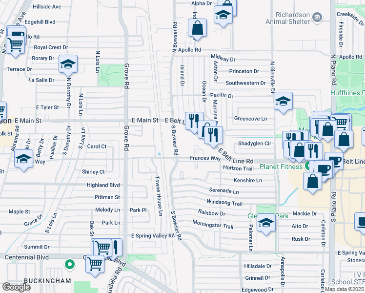 map of restaurants, bars, coffee shops, grocery stores, and more near 117 South Bowser Road in Richardson