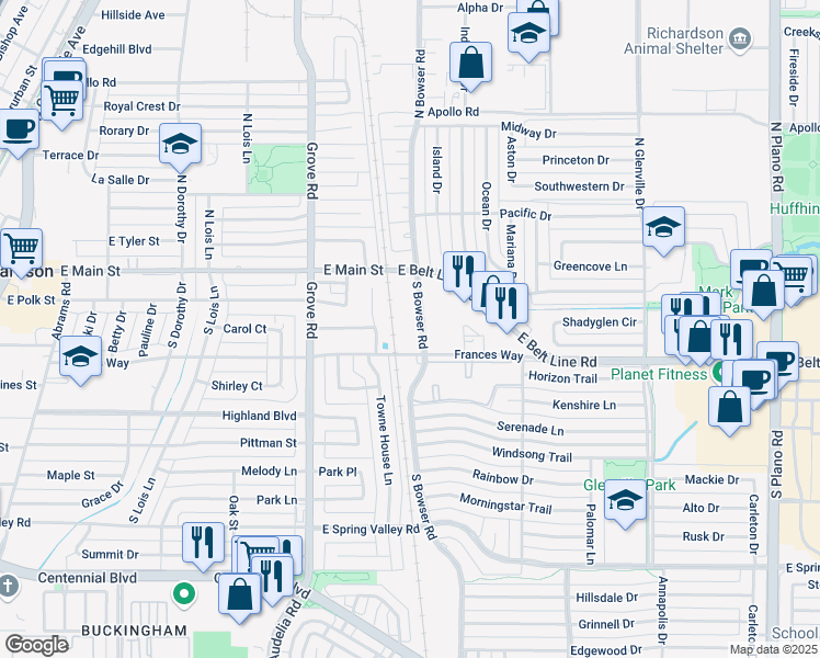 map of restaurants, bars, coffee shops, grocery stores, and more near 116 South Bowser Road in Richardson