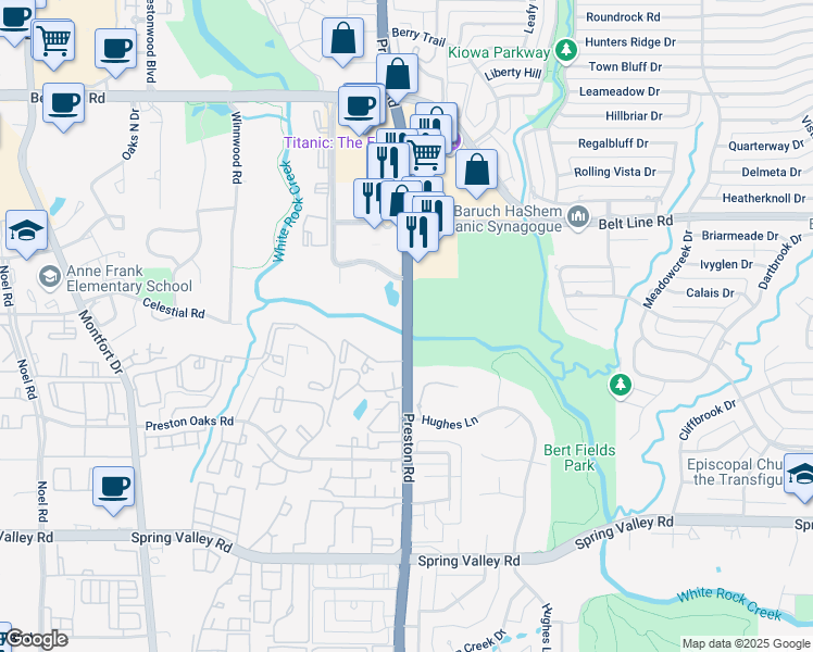 map of restaurants, bars, coffee shops, grocery stores, and more near 14601 Preston Road in Dallas