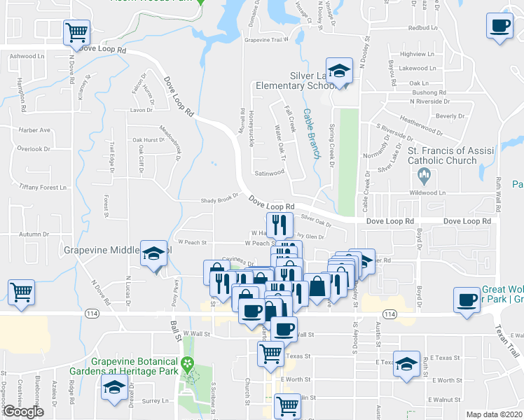 map of restaurants, bars, coffee shops, grocery stores, and more near 1290 Wildwood Court in Grapevine