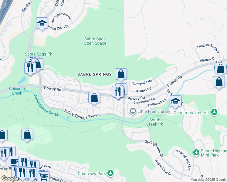 map of restaurants, bars, coffee shops, grocery stores, and more near 12670 Springbrook Drive in San Diego