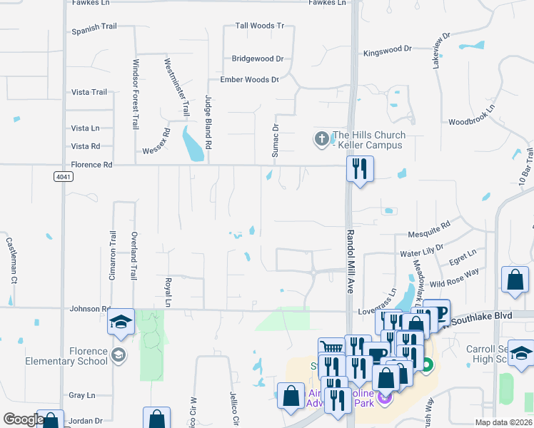 map of restaurants, bars, coffee shops, grocery stores, and more near 2503 Hillside Court in Southlake