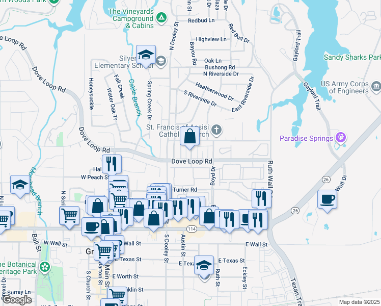 map of restaurants, bars, coffee shops, grocery stores, and more near in Grapevine