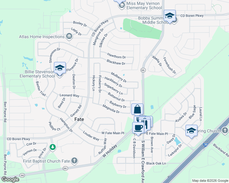 map of restaurants, bars, coffee shops, grocery stores, and more near 409 Sugarberry Ln in Rockwall