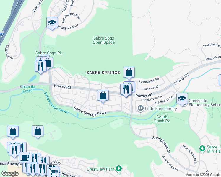 map of restaurants, bars, coffee shops, grocery stores, and more near 12650 Springbrook Drive in San Diego