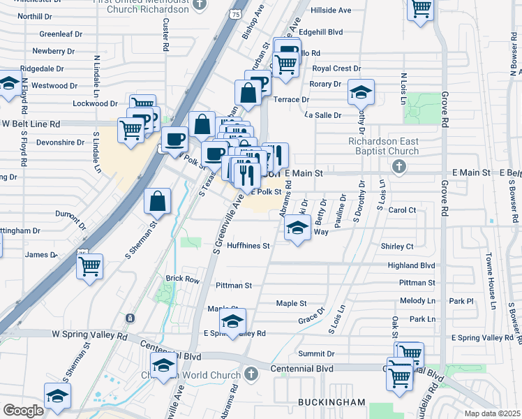 map of restaurants, bars, coffee shops, grocery stores, and more near 325 East Phillips Street in Richardson