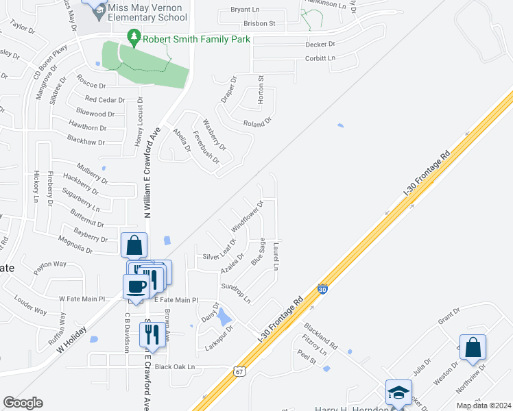 map of restaurants, bars, coffee shops, grocery stores, and more near 801 Windflower Drive in Rockwall