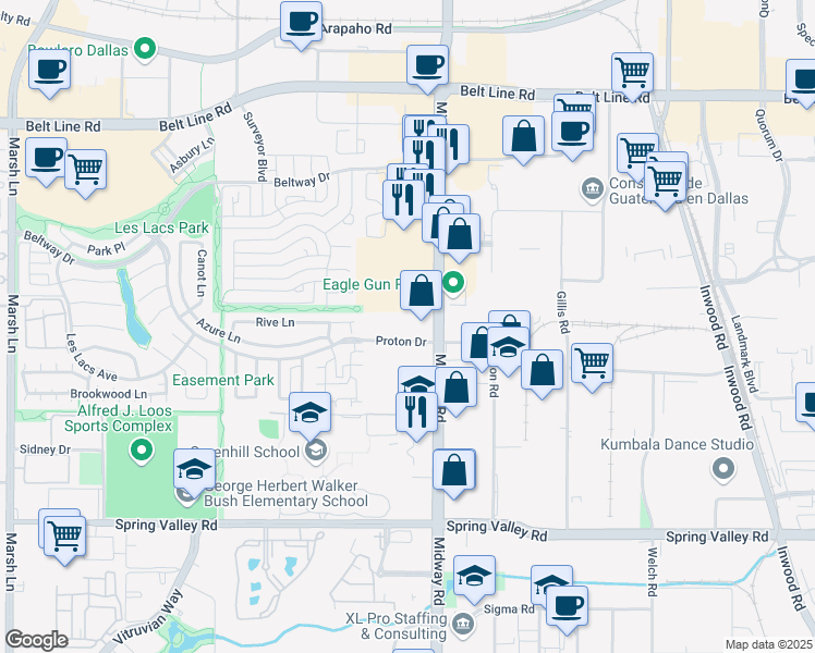 map of restaurants, bars, coffee shops, grocery stores, and more near 4165 Proton Drive in Addison