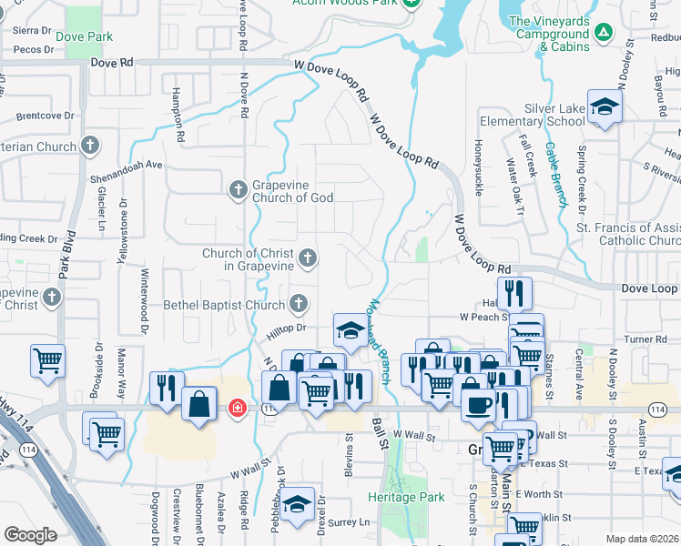 map of restaurants, bars, coffee shops, grocery stores, and more near 817 Meadowbend Loop South in Grapevine