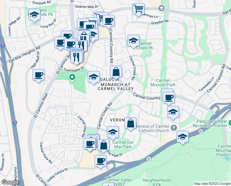 map of restaurants, bars, coffee shops, grocery stores, and more near 12376 Carmel Country Road in San Diego