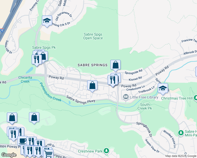 map of restaurants, bars, coffee shops, grocery stores, and more near 12650 Springbrook Drive in San Diego