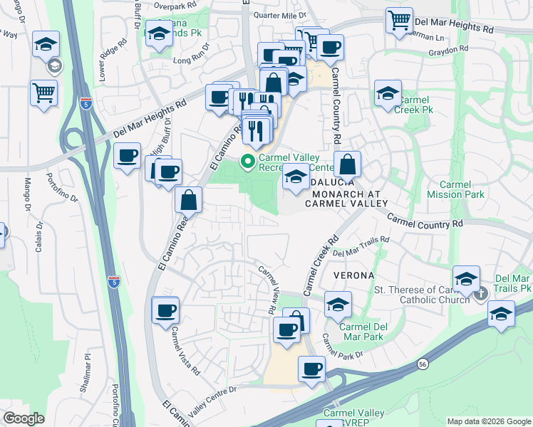 map of restaurants, bars, coffee shops, grocery stores, and more near 3850 Elijah Court in San Diego