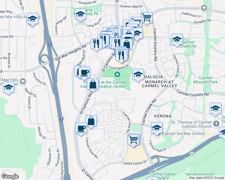 map of restaurants, bars, coffee shops, grocery stores, and more near 12543 El Camino Real in San Diego