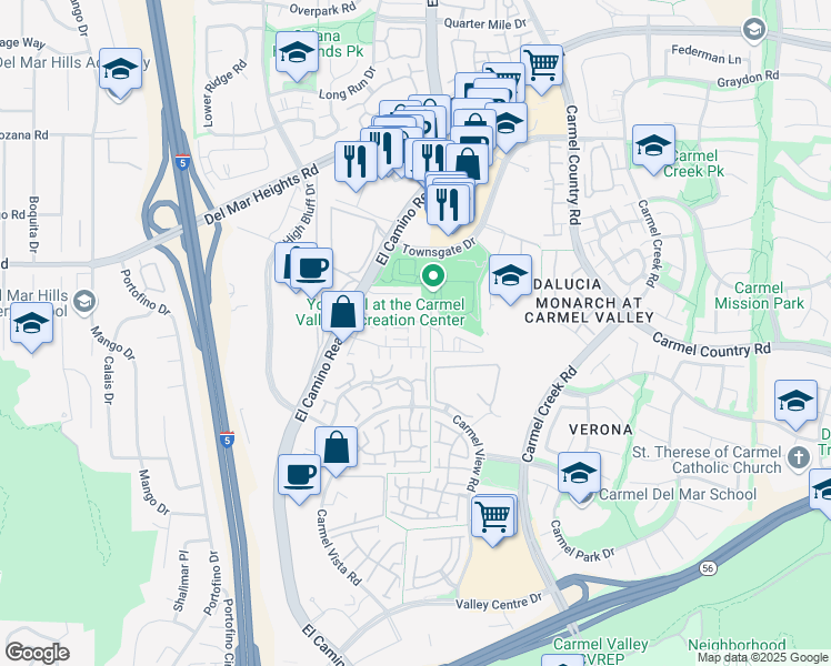 map of restaurants, bars, coffee shops, grocery stores, and more near 12625 El Camino Real in San Diego