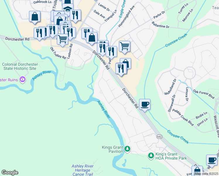 map of restaurants, bars, coffee shops, grocery stores, and more near 113 Runnymede Lane in Summerville