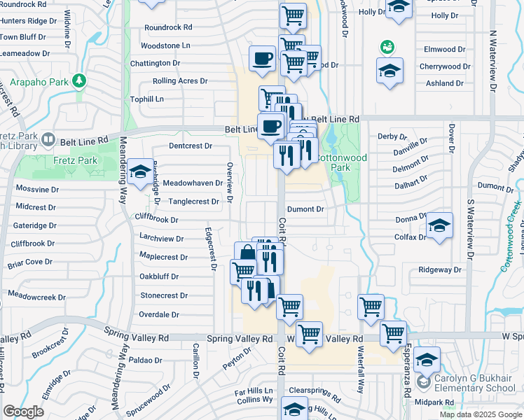 map of restaurants, bars, coffee shops, grocery stores, and more near 7963 Cliffbrook Drive in Dallas