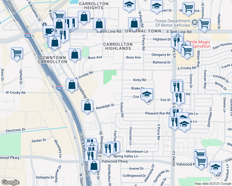 map of restaurants, bars, coffee shops, grocery stores, and more near 1506 School Road in Carrollton