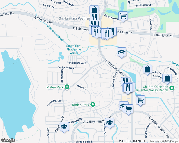 map of restaurants, bars, coffee shops, grocery stores, and more near 10404 Marchant Lane in Irving