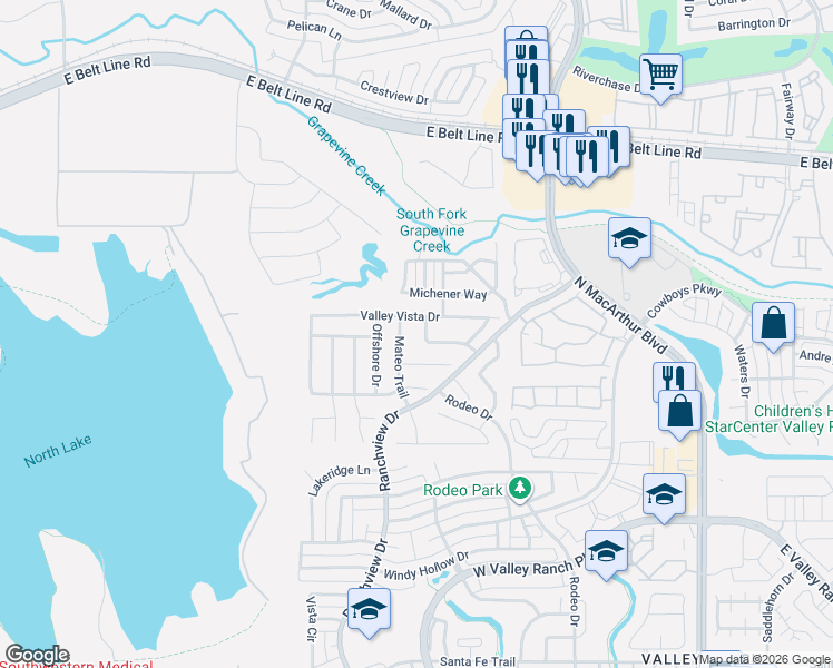 map of restaurants, bars, coffee shops, grocery stores, and more near 1140 Ranch Vista Drive in Irving