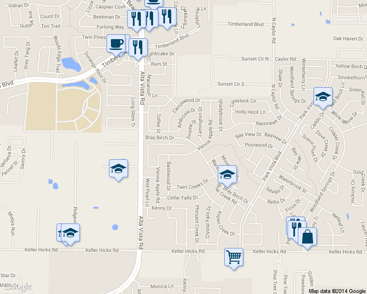 map of restaurants, bars, coffee shops, grocery stores, and more near 11933 Vienna Apple Road in Fort Worth