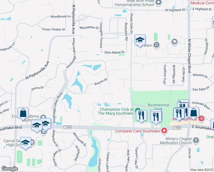 map of restaurants, bars, coffee shops, grocery stores, and more near 307 Blanco Circle in Southlake