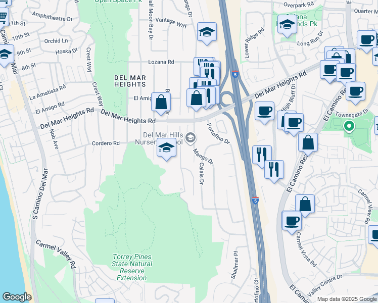 map of restaurants, bars, coffee shops, grocery stores, and more near 13662 Mango Drive in Del Mar