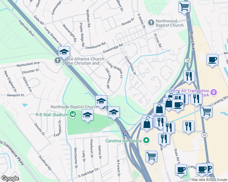 map of restaurants, bars, coffee shops, grocery stores, and more near 8119 Old London in North Charleston