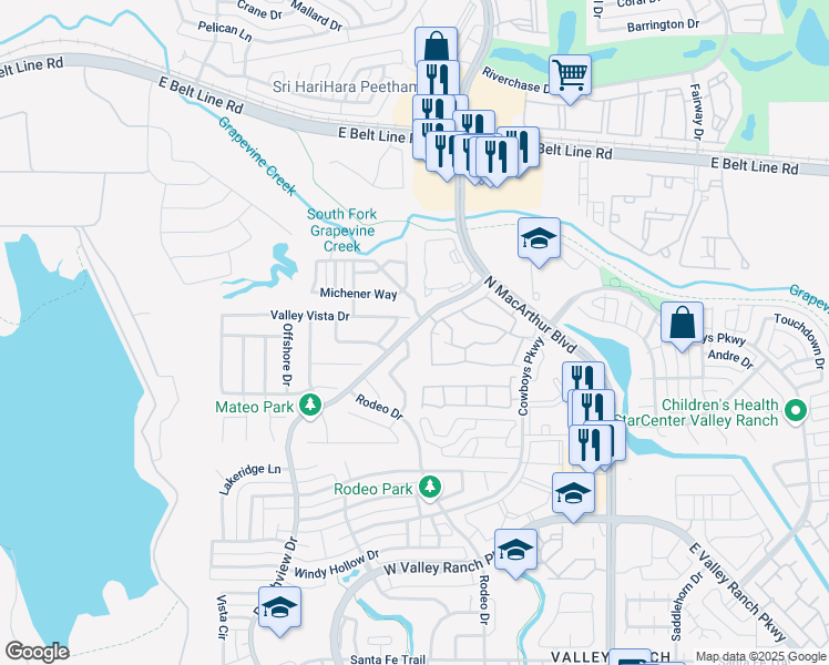 map of restaurants, bars, coffee shops, grocery stores, and more near 10404 Marchant Lane in Irving
