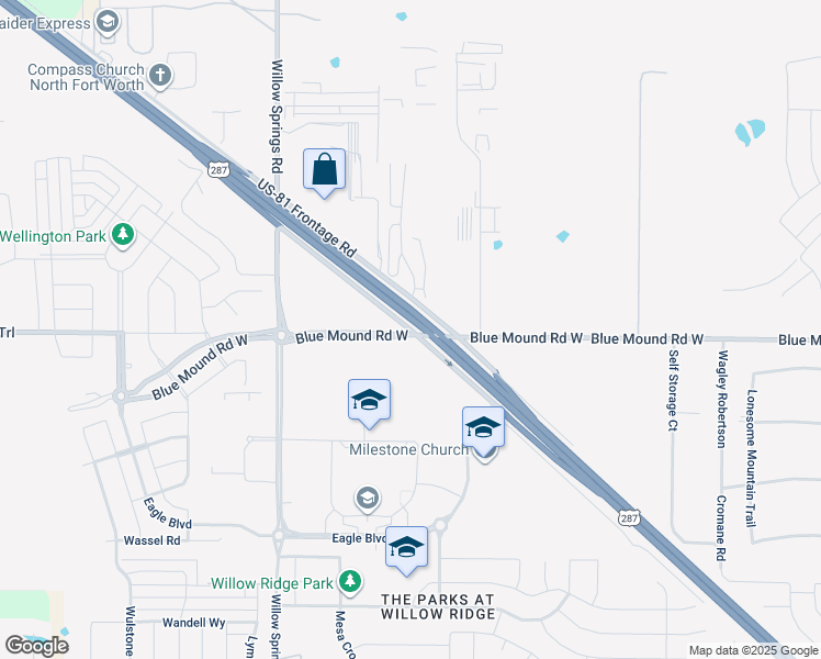 map of restaurants, bars, coffee shops, grocery stores, and more near U.S. 81 Frontage Road in Haslet
