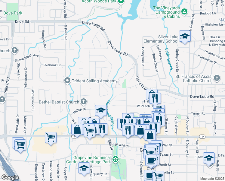 map of restaurants, bars, coffee shops, grocery stores, and more near 855 Shady Brook Drive in Grapevine
