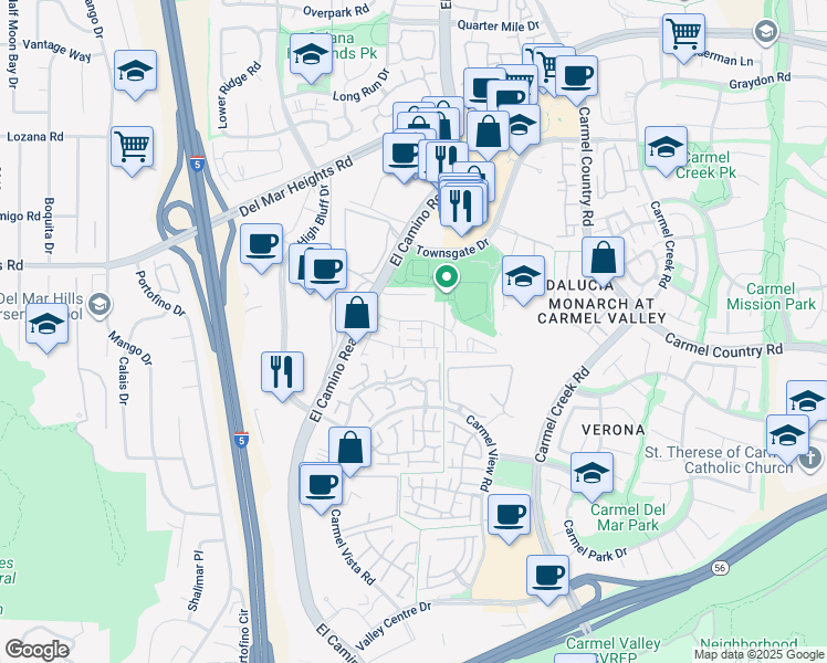 map of restaurants, bars, coffee shops, grocery stores, and more near 12615 El Camino Real in San Diego