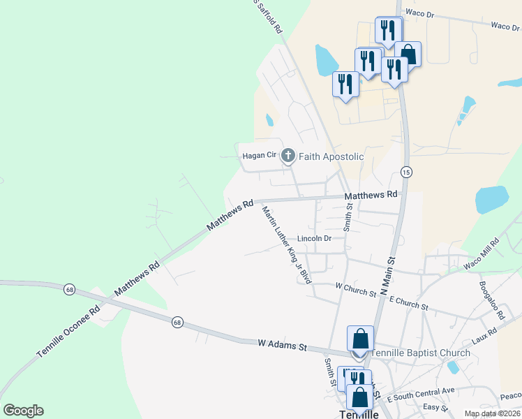 map of restaurants, bars, coffee shops, grocery stores, and more near 533 Martin Luther King Junior Boulevard in Tennille