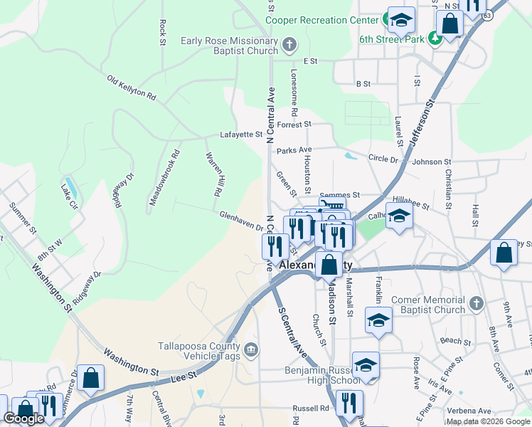 map of restaurants, bars, coffee shops, grocery stores, and more near 72 Glenhaven Dr in Alexander City