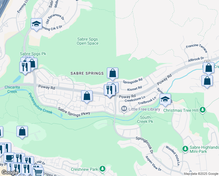 map of restaurants, bars, coffee shops, grocery stores, and more near 12682 Springbrook Drive in San Diego