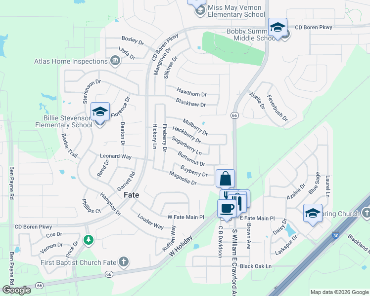 map of restaurants, bars, coffee shops, grocery stores, and more near 413 Sugarberry Lane in Rockwall