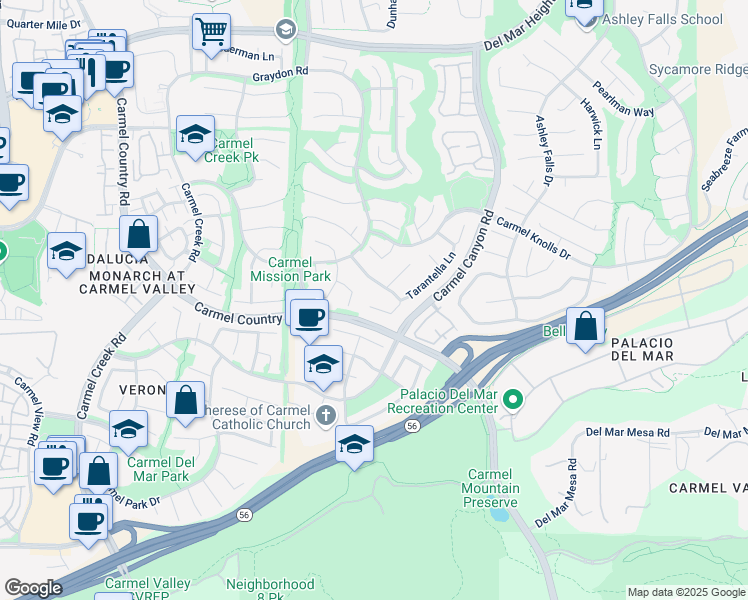 map of restaurants, bars, coffee shops, grocery stores, and more near 4557 Tarantella Lane in San Diego