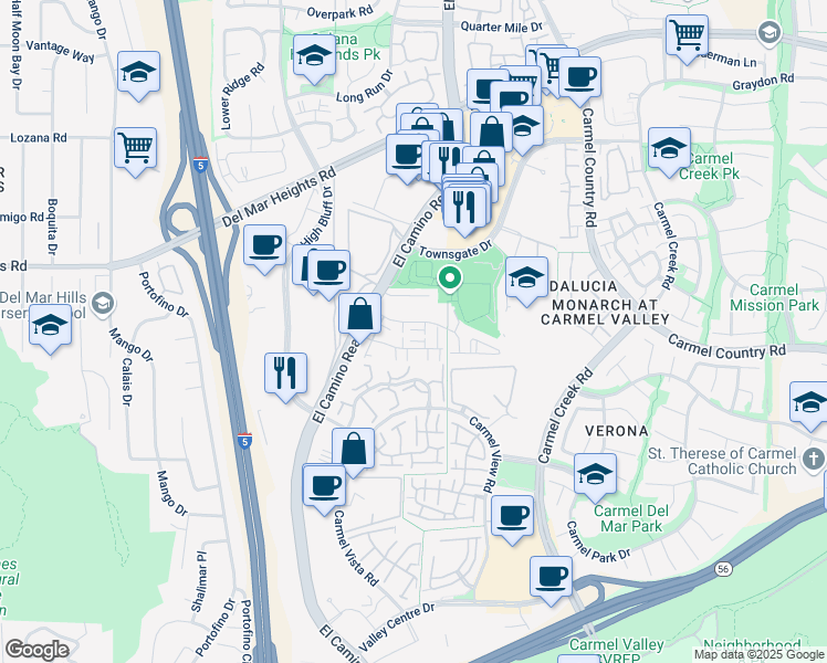 map of restaurants, bars, coffee shops, grocery stores, and more near 12543 El Camino Real in San Diego