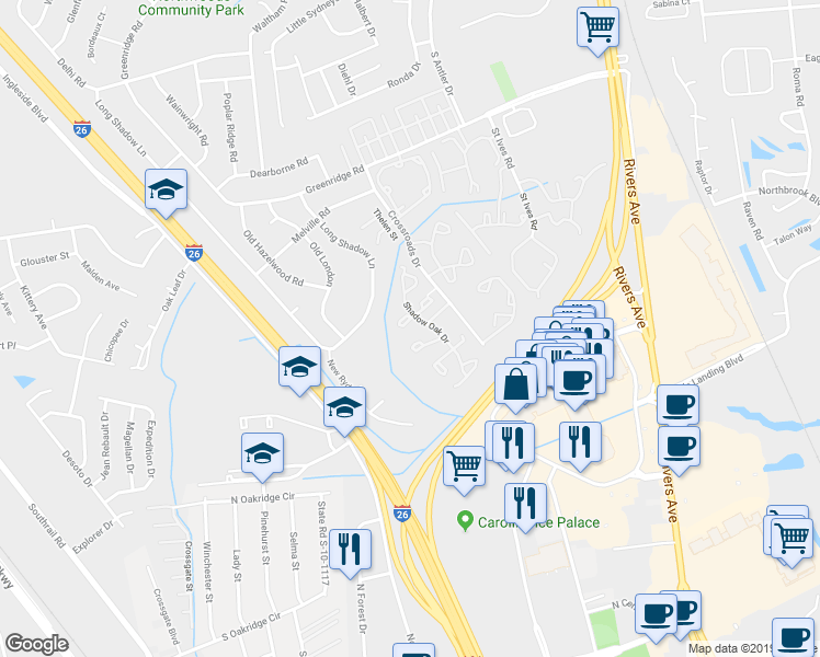 map of restaurants, bars, coffee shops, grocery stores, and more near 8059 Shadow Oak Drive in North Charleston
