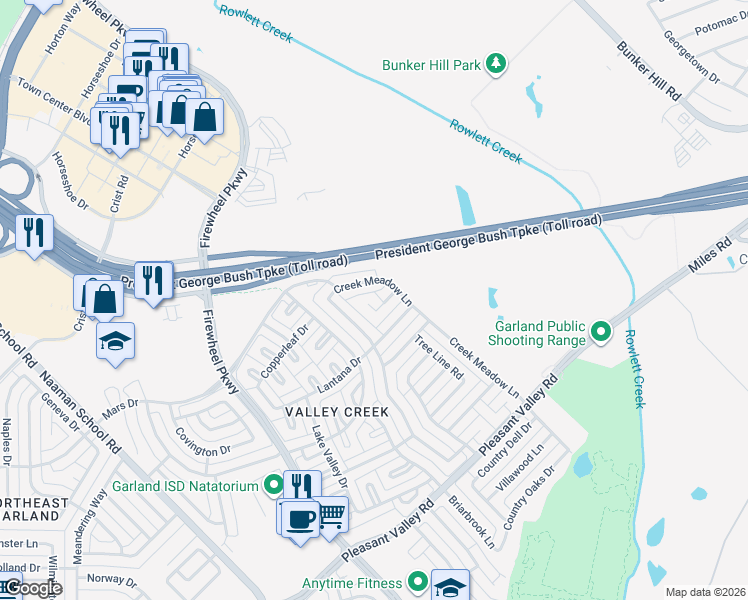map of restaurants, bars, coffee shops, grocery stores, and more near 2321 Lantana Drive in Garland
