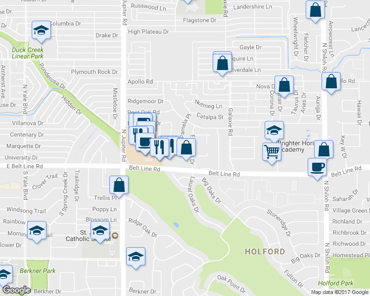 map of restaurants, bars, coffee shops, grocery stores, and more near 3222 Embercrest Lane in Garland