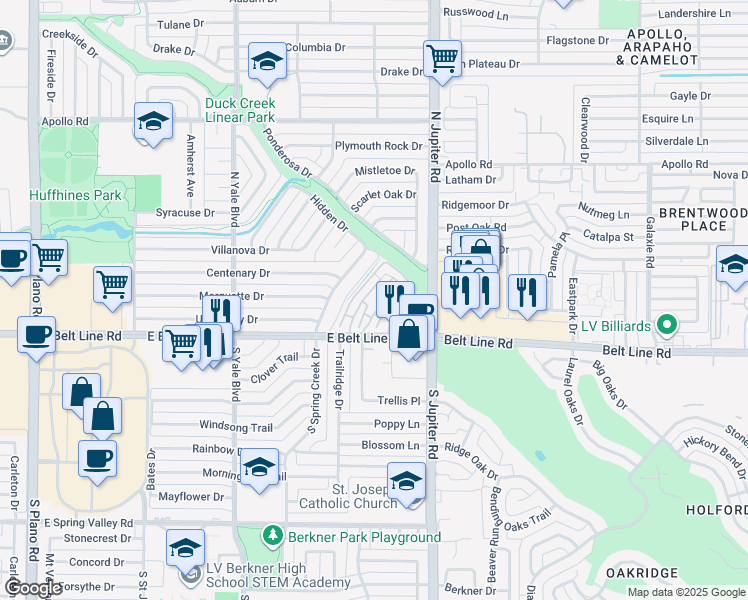 map of restaurants, bars, coffee shops, grocery stores, and more near 2111 East Belt Line Road in Richardson