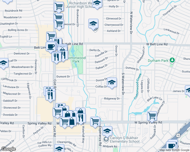 map of restaurants, bars, coffee shops, grocery stores, and more near 1244 Donna Drive in Richardson