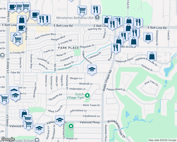 map of restaurants, bars, coffee shops, grocery stores, and more near 2976 Fyke Road in Farmers Branch