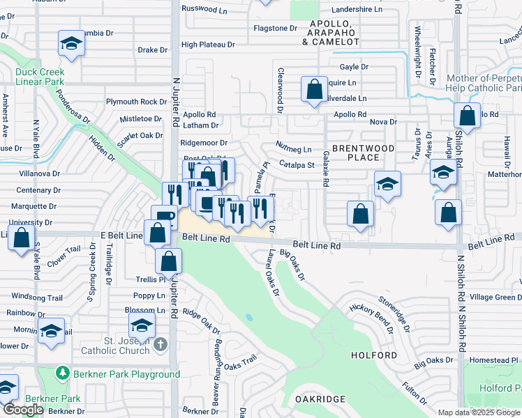map of restaurants, bars, coffee shops, grocery stores, and more near 3222 Embercrest Lane in Garland